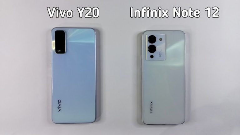 images of two mobiles showing comparison between Vivo Y20 vs Infinix Note 12