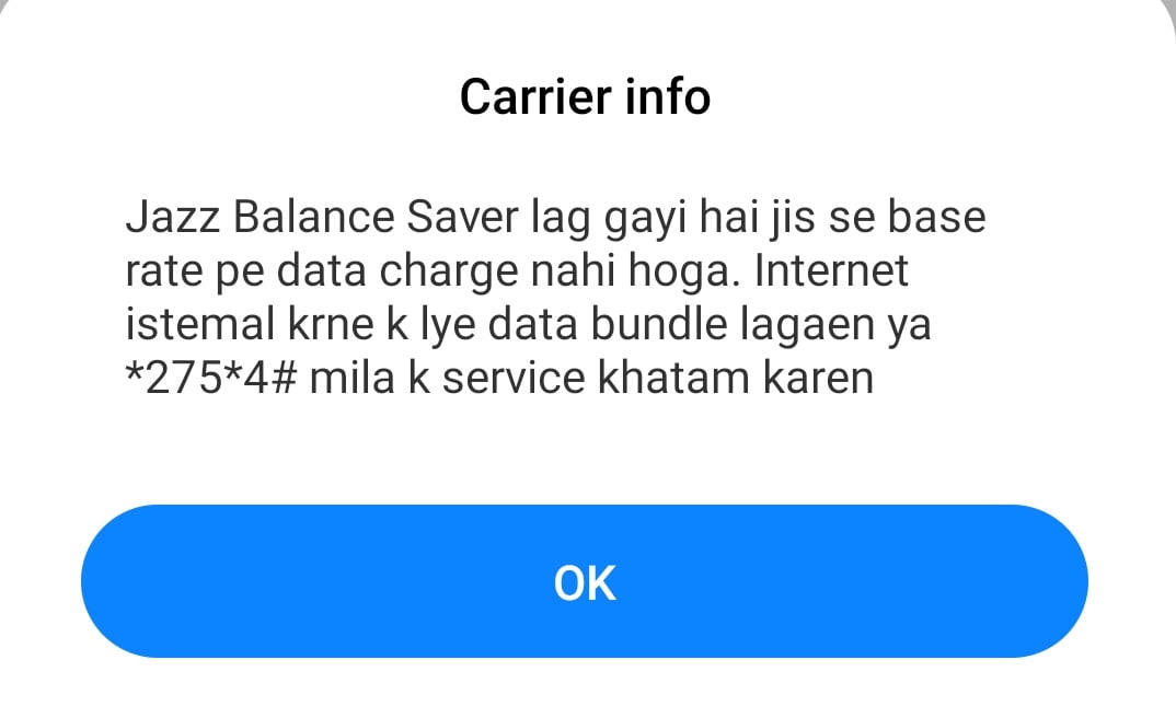 confirmation message from jazz showing that balance saver offer is activated