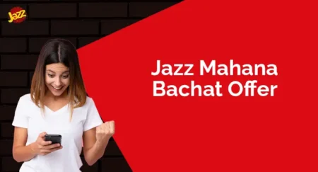image of women using mobile and a jazz logo in upper left corner with some text Mahana Bachat Offer Jazz Code is written on right side