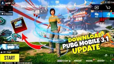 pubg character standing lobby with text on its right side showing pubg mobile 3.1 update download