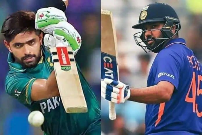 image showing babar azam on left side and rohit sharma on right side