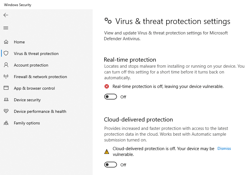 image showing all protection features are turn off in windows