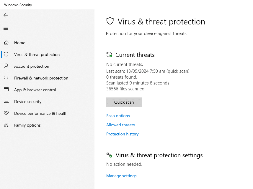 image showing virus and threat protection section in windows defender