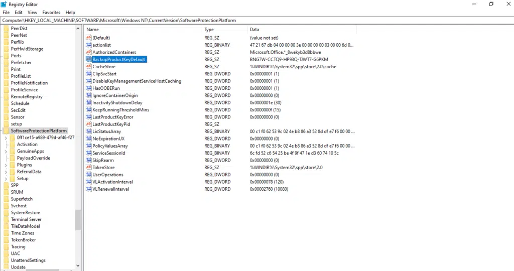 registry is showing windows 10 product key