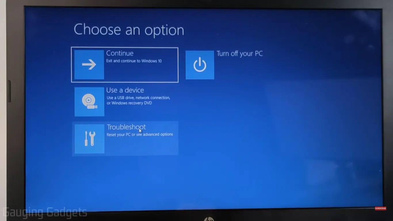 troubleshoot option in recovery mode