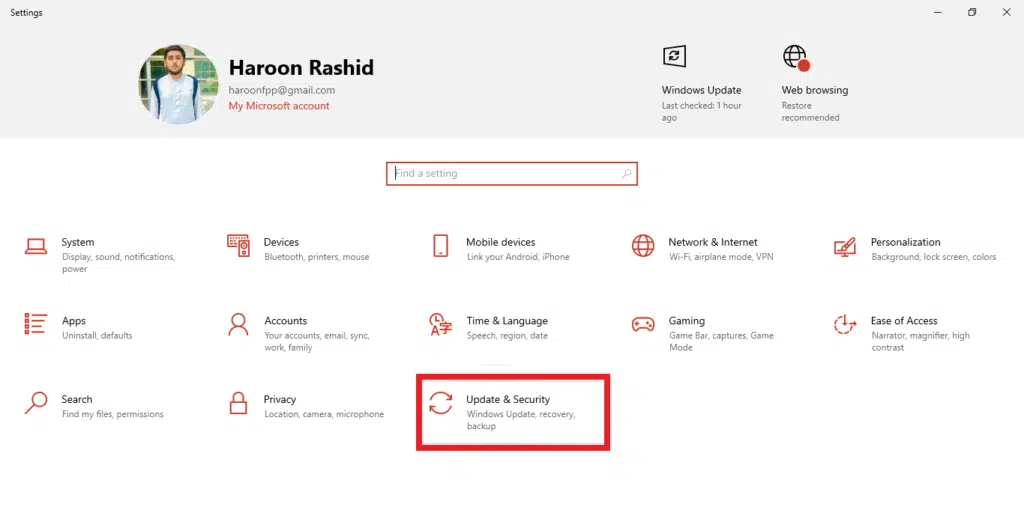 marking update and security section in windows 10