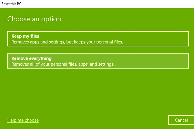 choose option to keep files or remove everything