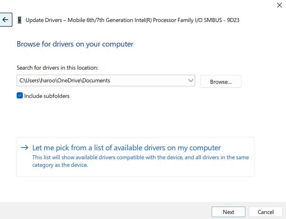selecting browse the drivers from my computer