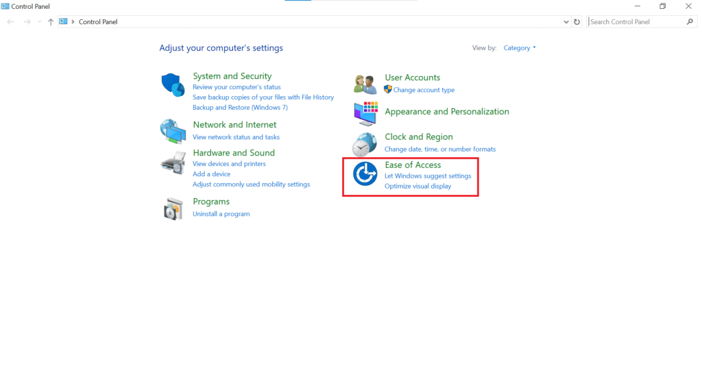 ease of access settings in control panel