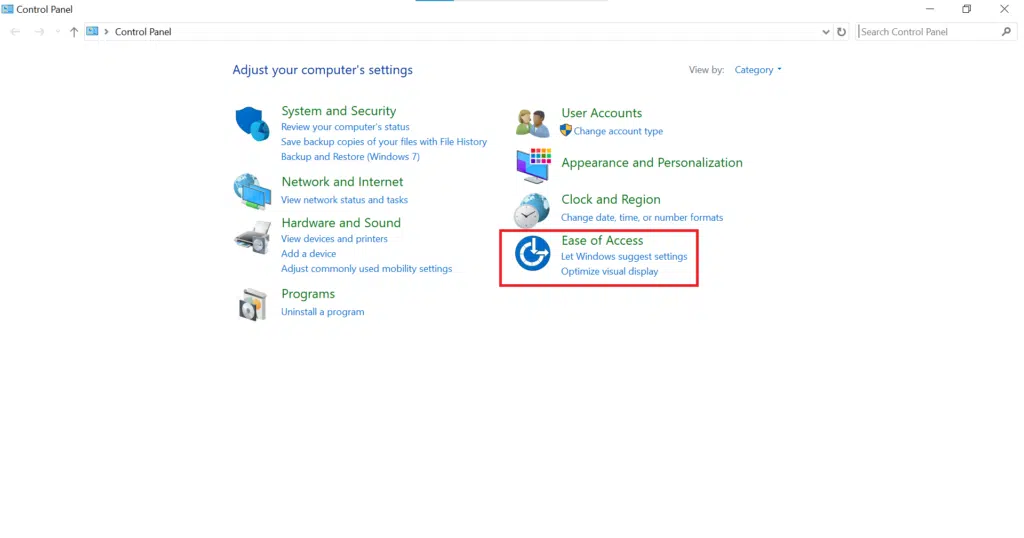 ease of access settings in control panel