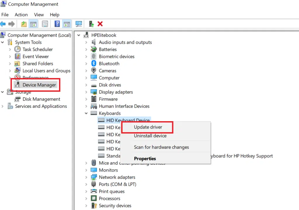 keyboard driver in Windows device manager settings