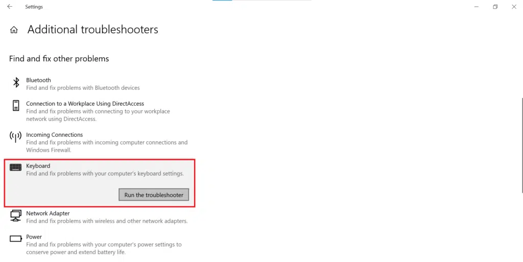 A Windows feature showing Keyboard troubleshooter