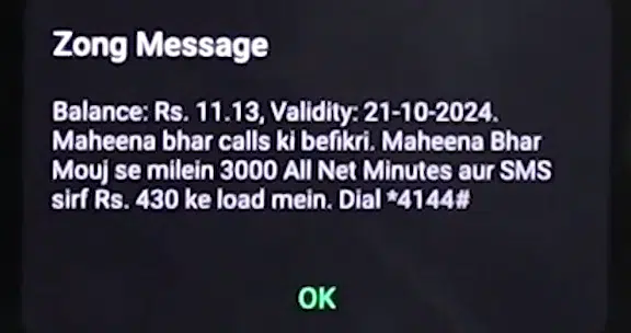 A popup showing your current zong balance