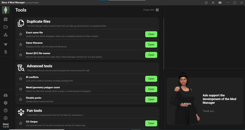 The tools section of Sims 4 Mods Manager
