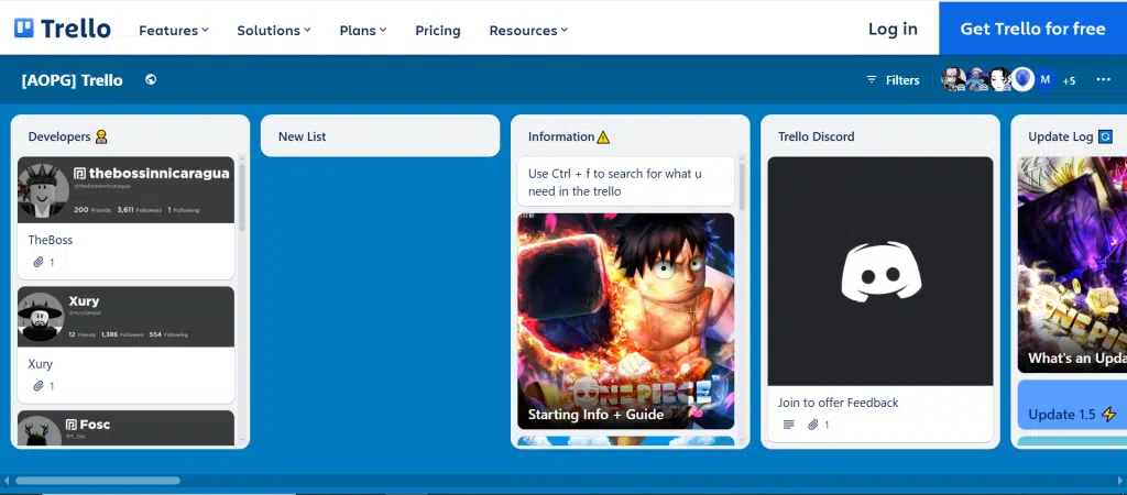 Main page of AOPG trello board
