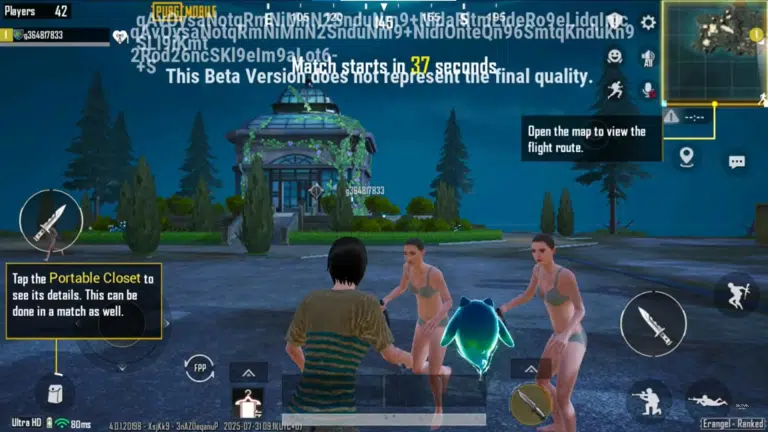 A PUBG character is standing in front of Themed spawn island