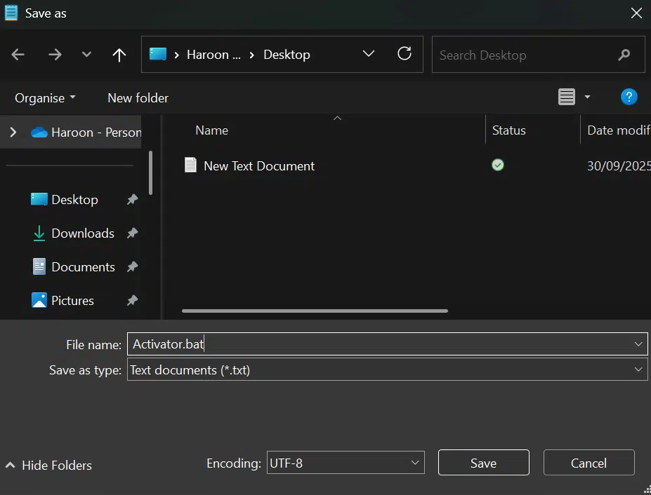saving activator txt as a batch file