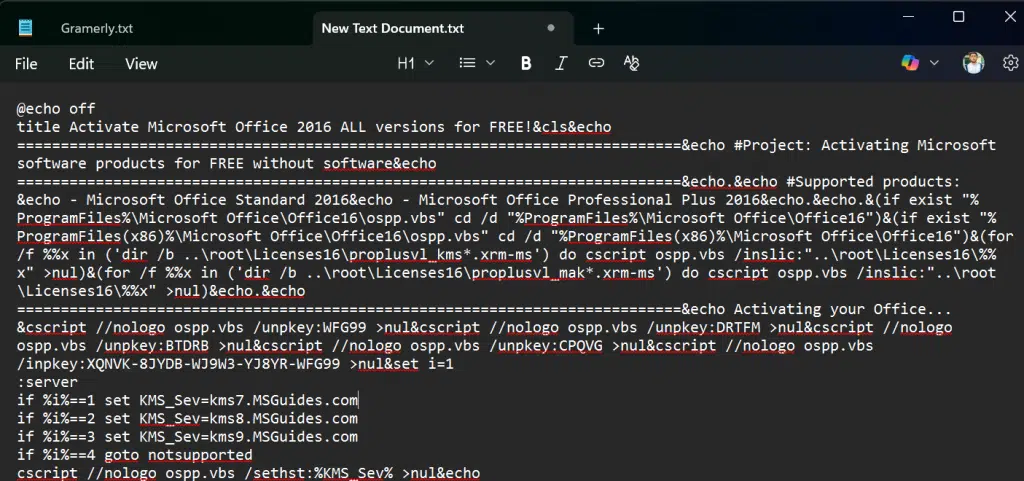 text document containing Office 2016 activator