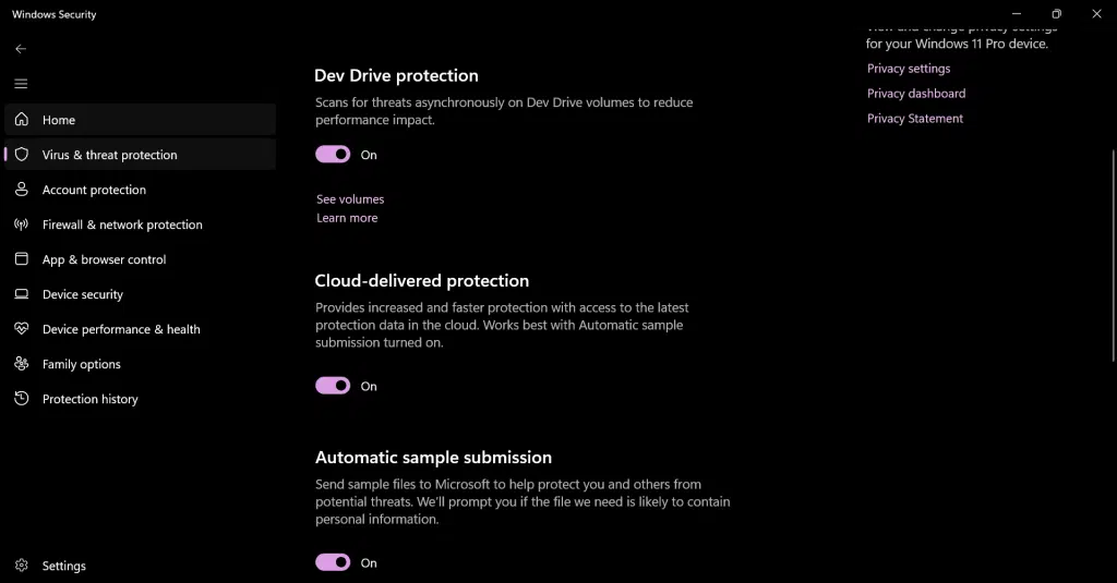 Showing Windows defender in Windows 11