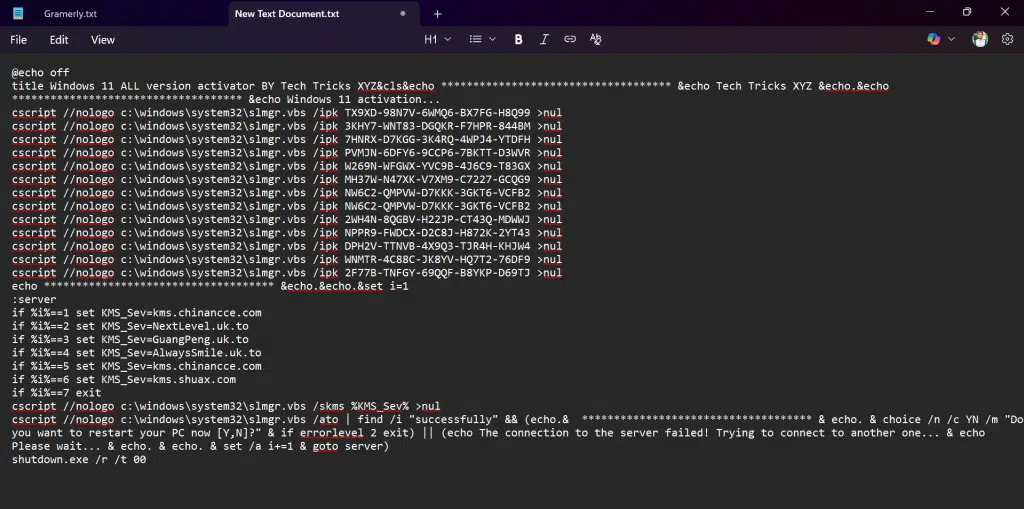 Image showing text document containing activation script