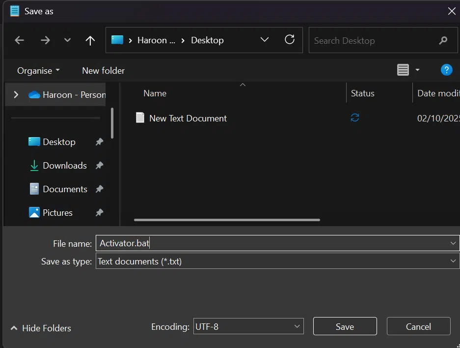 saving the text file as Activator.bat file

